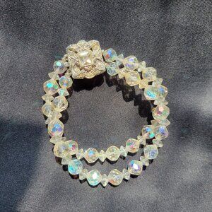 Vintage Double-Strand Aurora Borealis Crystal Bead Bracelet With Rhinestone Clas